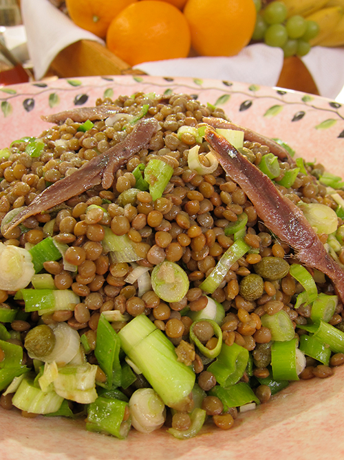 Lentil Salad with Green Olives, Roasted Red Florina Peppers, Herbs and