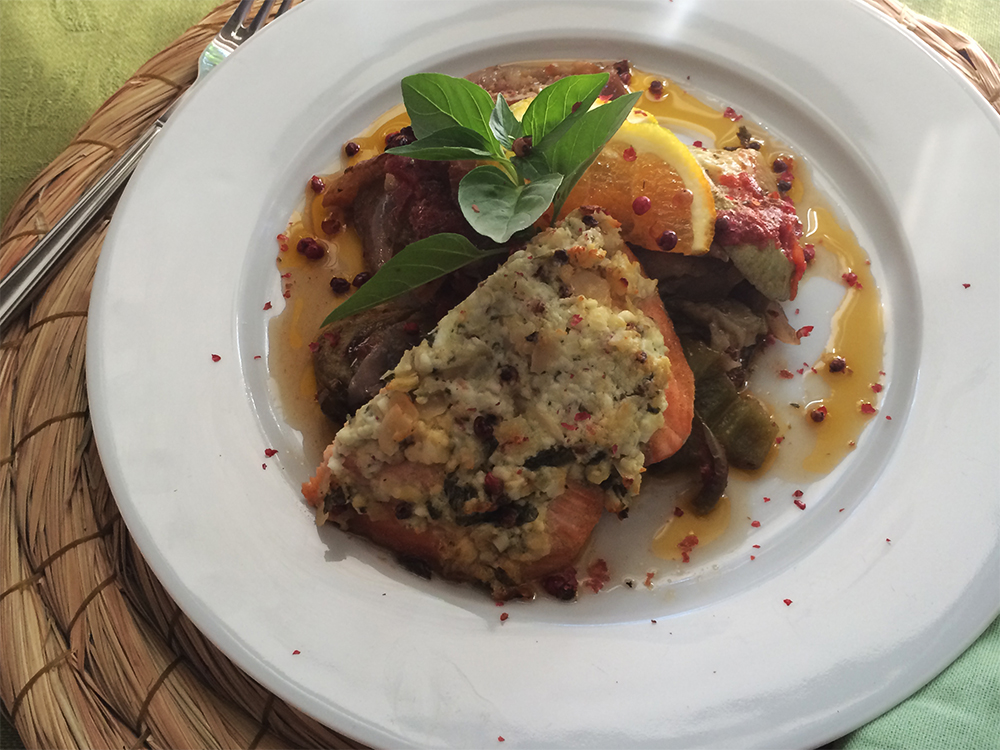 Baked Salmon with Feta-Almond Crust, Over Briam | Greek Food - Greek