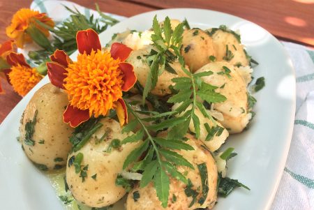 Ikaria Longevity Potato Salad with Herbs and Marigold Leaves