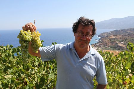 Ikarian vintner Nikos Afianes explains the local begleri variety.