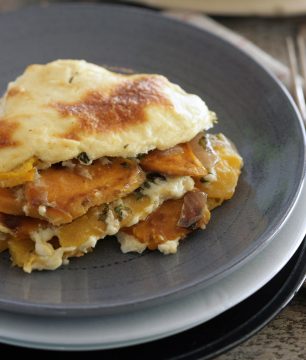 moussaka with layers of pumpkin and sweet potatoes