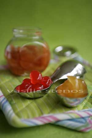 Spoons sweets are preserved seasonal fruits, nuts, and young vegetables in sugar syrup, honey, or petimezi.