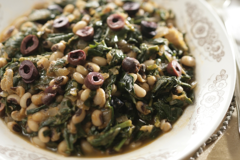 Black-eyed peas braised with greens and Kalamata olives.