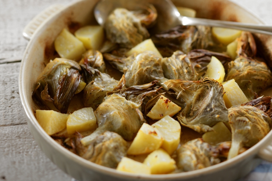 Artichokes and roasted potatoes, an Aegean dish from the island of Milos.