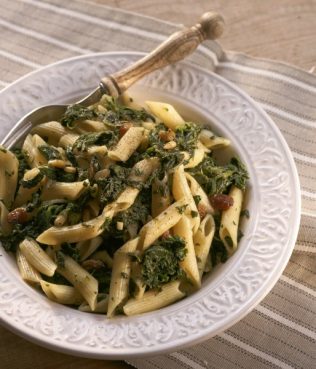 Penne with Pine Nuts, Spinach, Anchovies & Raisins