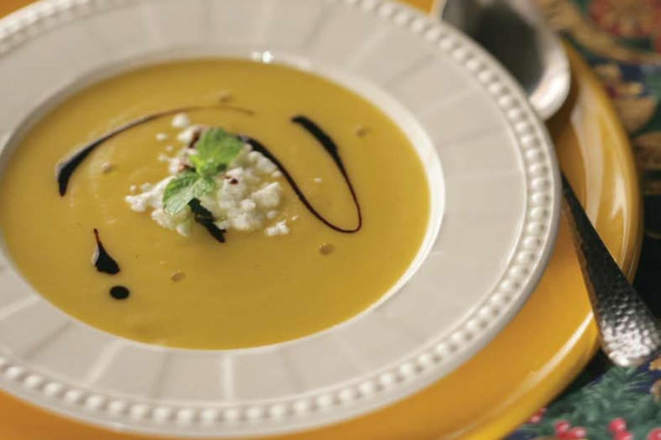 Greek recipe for pumpkin soup with feta and greek honey. Soup recipe.