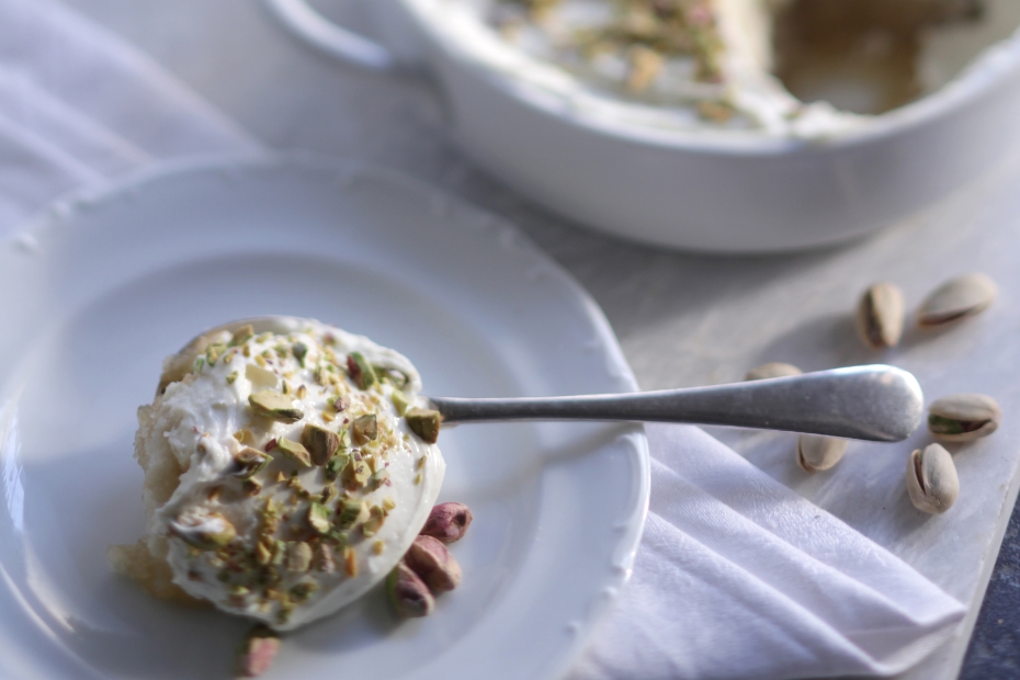 This Greek ekmek pastry is made with cream cheese, mascarpone, rosewater and pistachios.