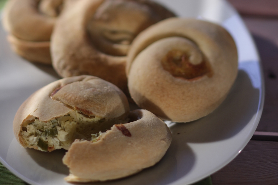 Limnos island cheese pies with homemade filo are shaped as coils.