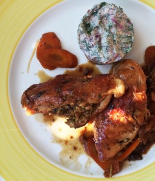 Chicken Breast Stuffed with Walnut-Mint-Raisin Bulgur, Honey-Glazed Carrots, Beet Green Tzatziki