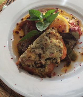 Baked Salmon with Feta-Almond Crust, Over Briam