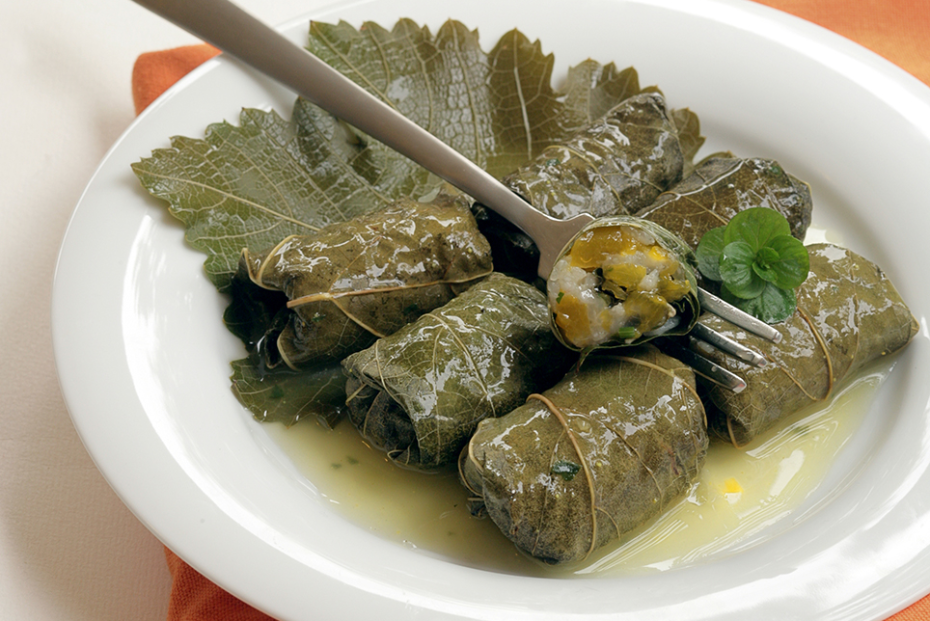 grape leaves stuffed with pumpkim, rice, and herbs