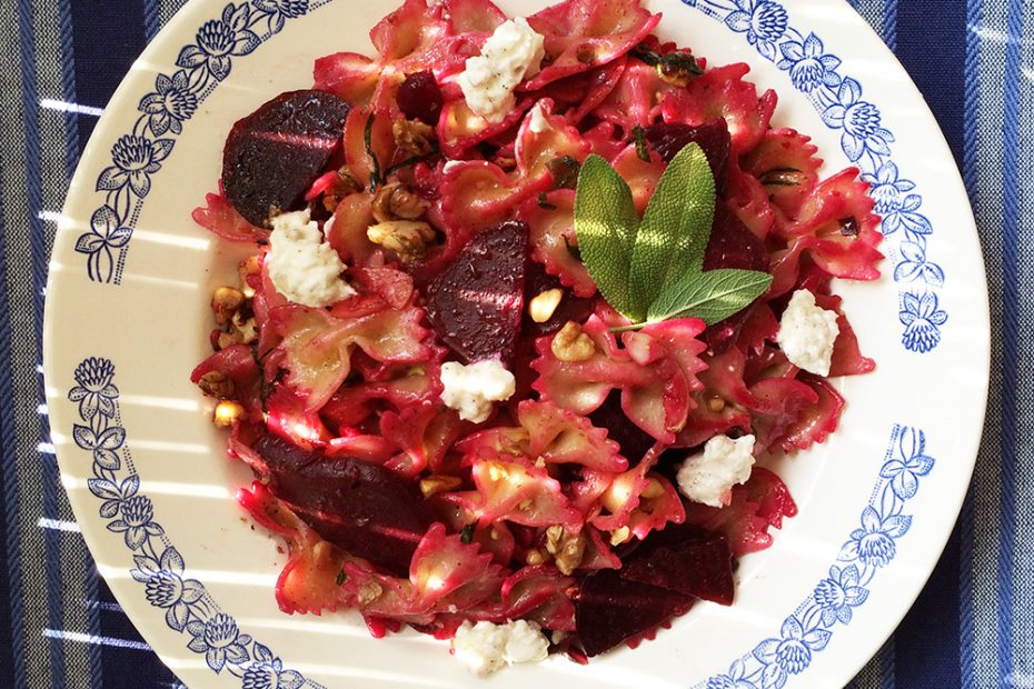 Bow-tie pasta with smoked beets, Greek cheese and walnuts