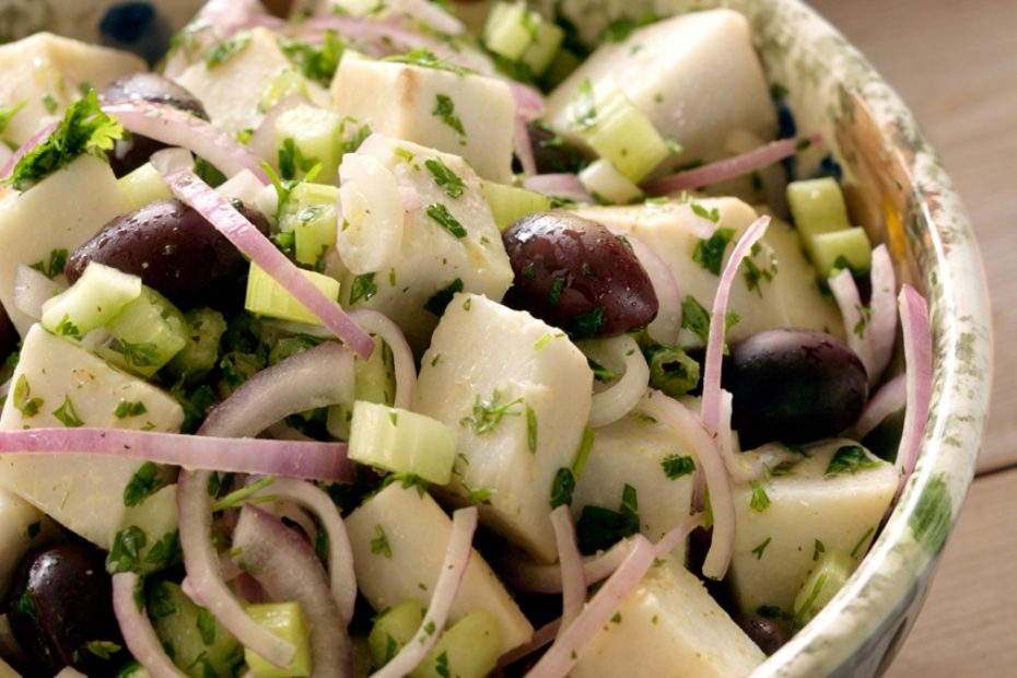 Taro root salad from Ikaria, the Blue Zone Greek island of longevity.