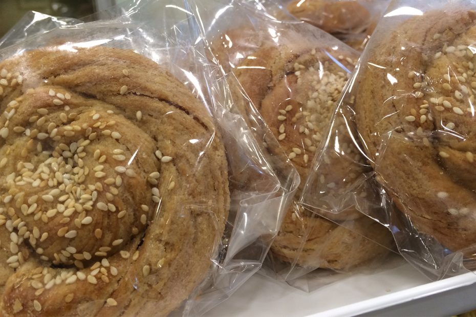 Lente tahini bread swirls at an Athens pastry shop.
