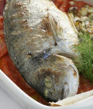 Gilthead Bream (Tsipoura) Roasted with Fennel and Tomatoes