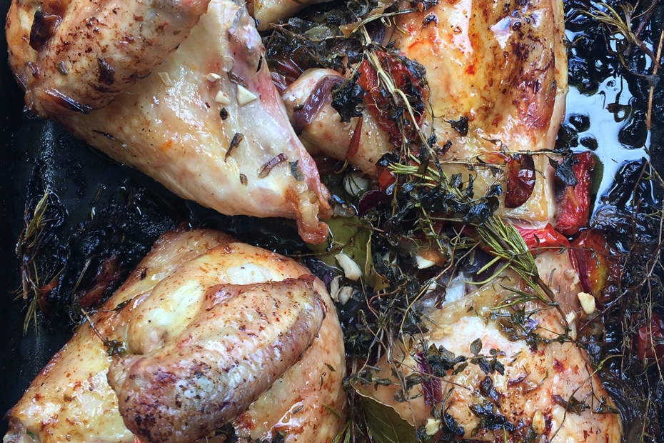 Five Minute Roasted Chicken Smothered in Herbs and Fresh Tomatoes