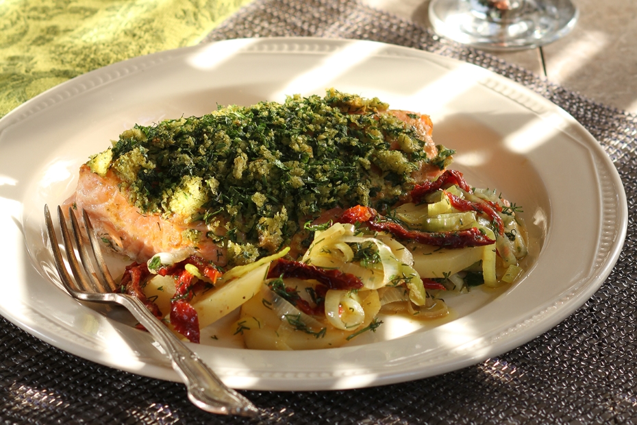 Herb Crusted Salmon with Vrisi 36 Olive Oil &Mustard