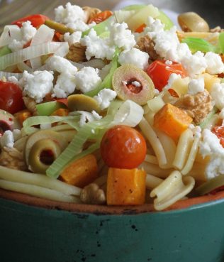 Pasta with Butternut Squash, Olives, Tomatoes, and Leeks