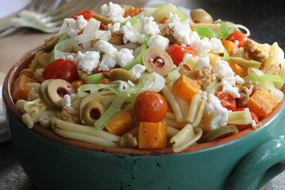 Butternut Squash, Green Olives, Tomatoes, Leeks, and Garlic Pasta