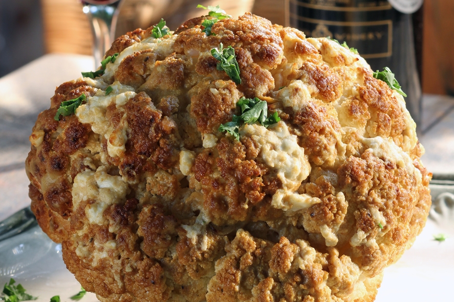 Whole Cauliflower Roasted with Mustard, Feta, Balsamic and Garlic