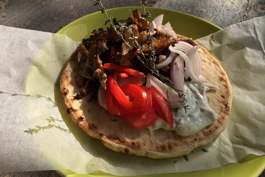 Mushroom gyro on pita sandwich