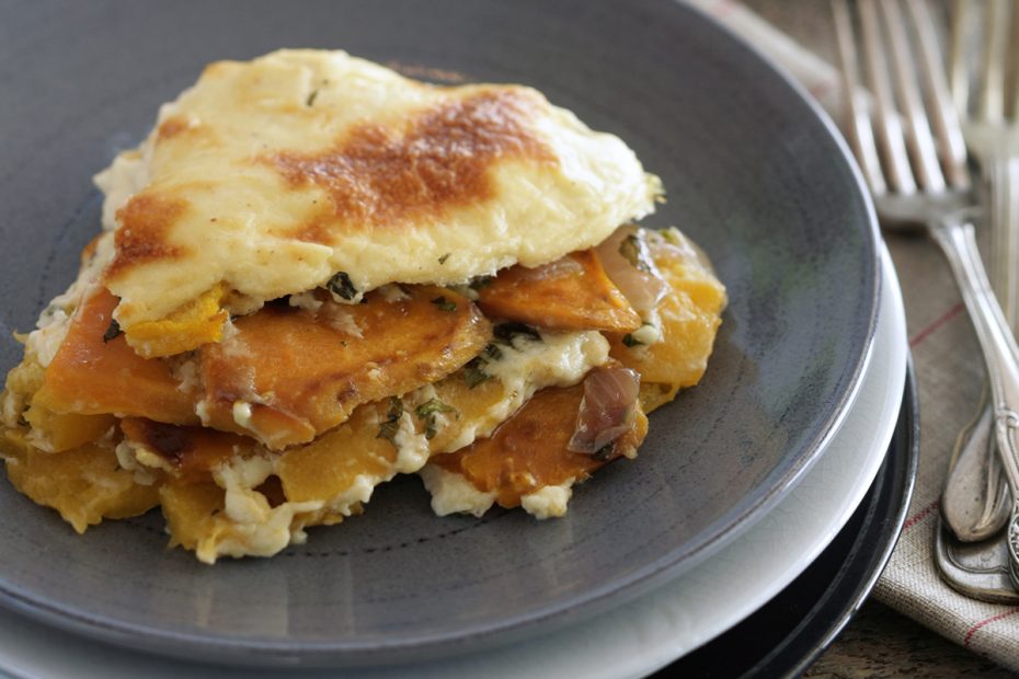 moussaka with layers of pumpkin and sweet potatoes