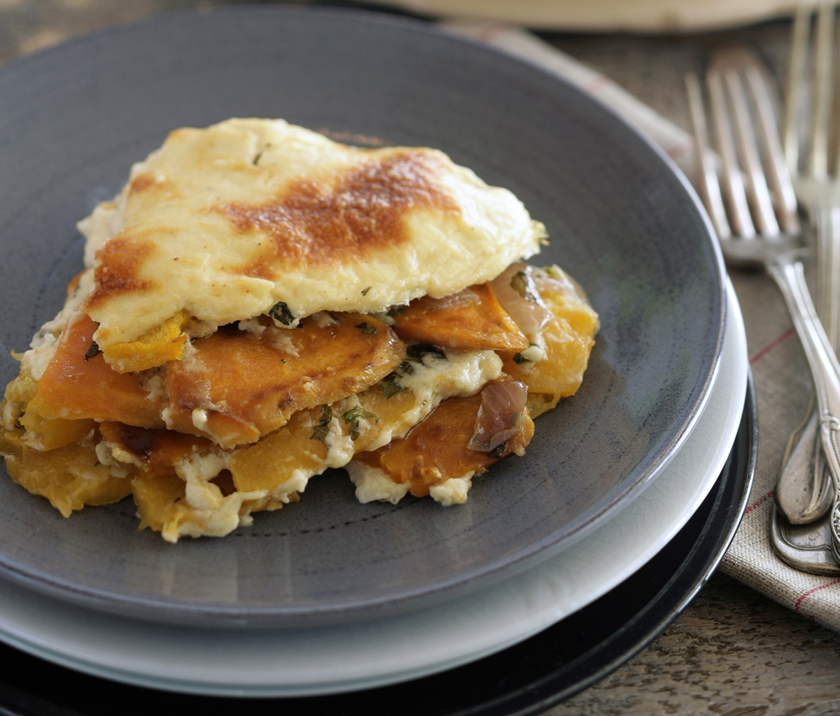 moussaka with layers of pumpkin and sweet potatoes