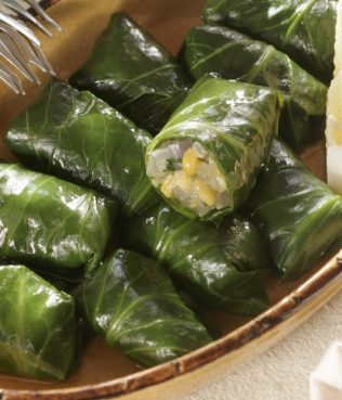 Ikaria Corn-Stuffed Collard Dolmades