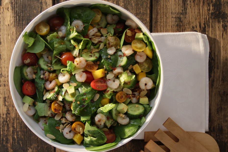 Bibb lettuce, mango, avocado, tomatoes and shrimp salad