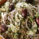 Warm lentil salad with fennel, onions, herbs and olives