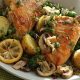 Lemony Greek chicken with potatoes, mushrooms and peas