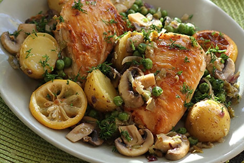 Lemony Greek chicken with potatoes, mushrooms and peas