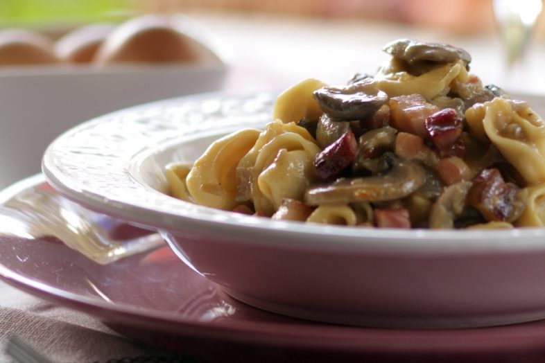Tortellini with Mushrooms, Bacon and a Light YogurtCream Sauce