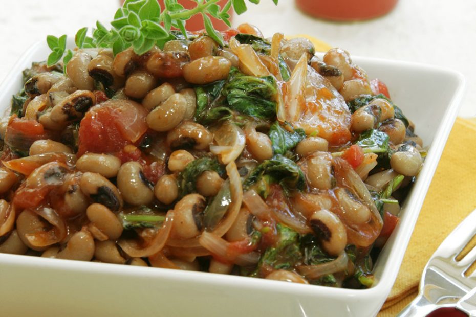 Greens andblack eyed peas can be prepared in countless ways.