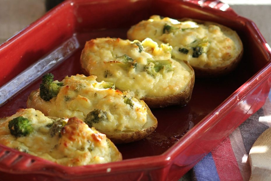 Potato skins stuffed with Broccoli, Feta, and Greek Yogurt