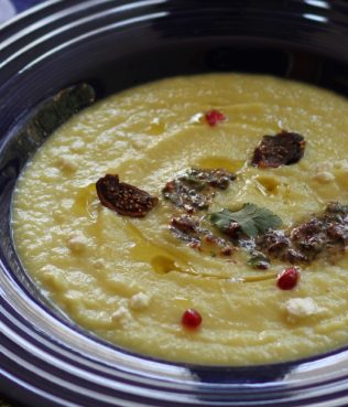 Celery Root Soup with Fig-Feta Pesto, Honey, Balsamic & Pomegranates