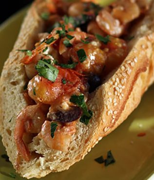 Shrimp Saganaki Sandwich with Feta, Olives, & Ouzo