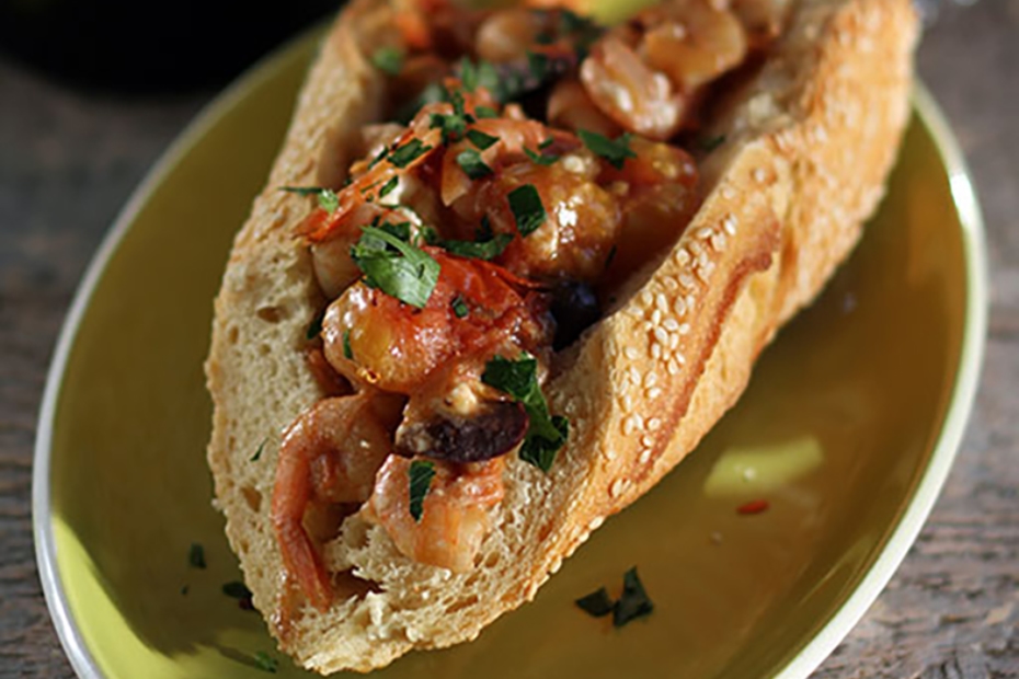 Shrimp Saganaki Sandwich with Feta, Kalamata Olives, and Olive Oil