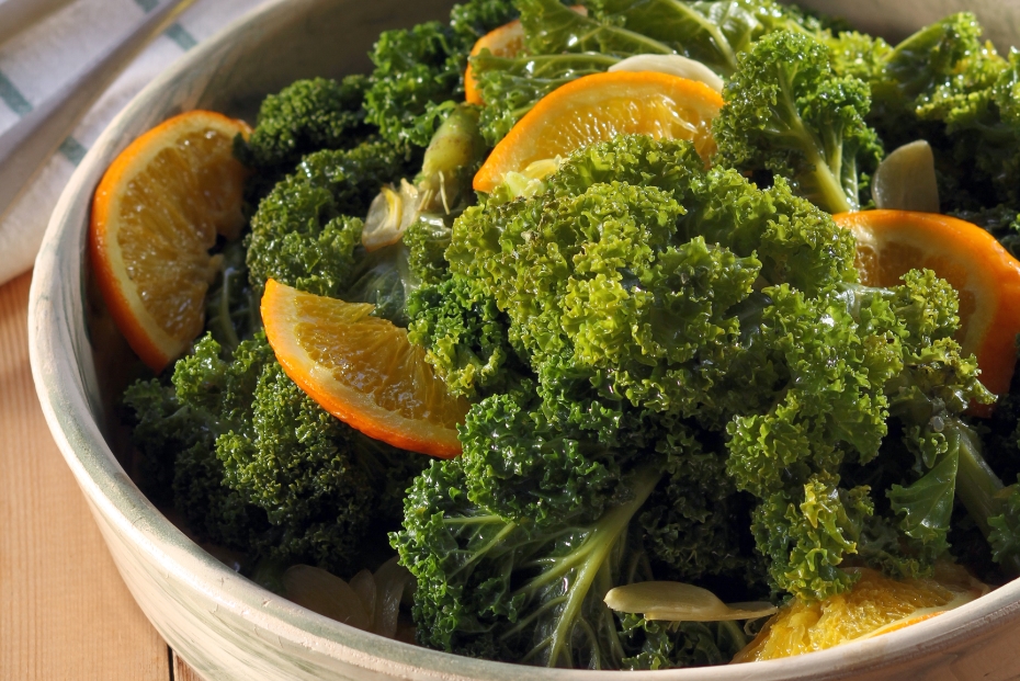 Kale wilted in Greek olive oil with garlic and oranges