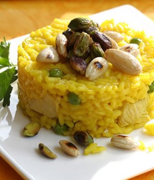 Ouzo Saffron Rice Pilaf with Peas, Pistachios and Almonds