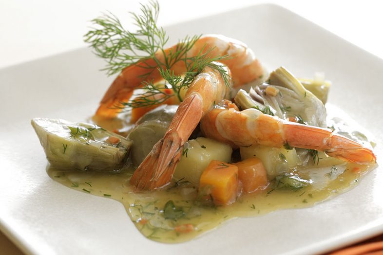 Artichokes a la Polita, Braised with Vegetables, Saffron and Shrimp