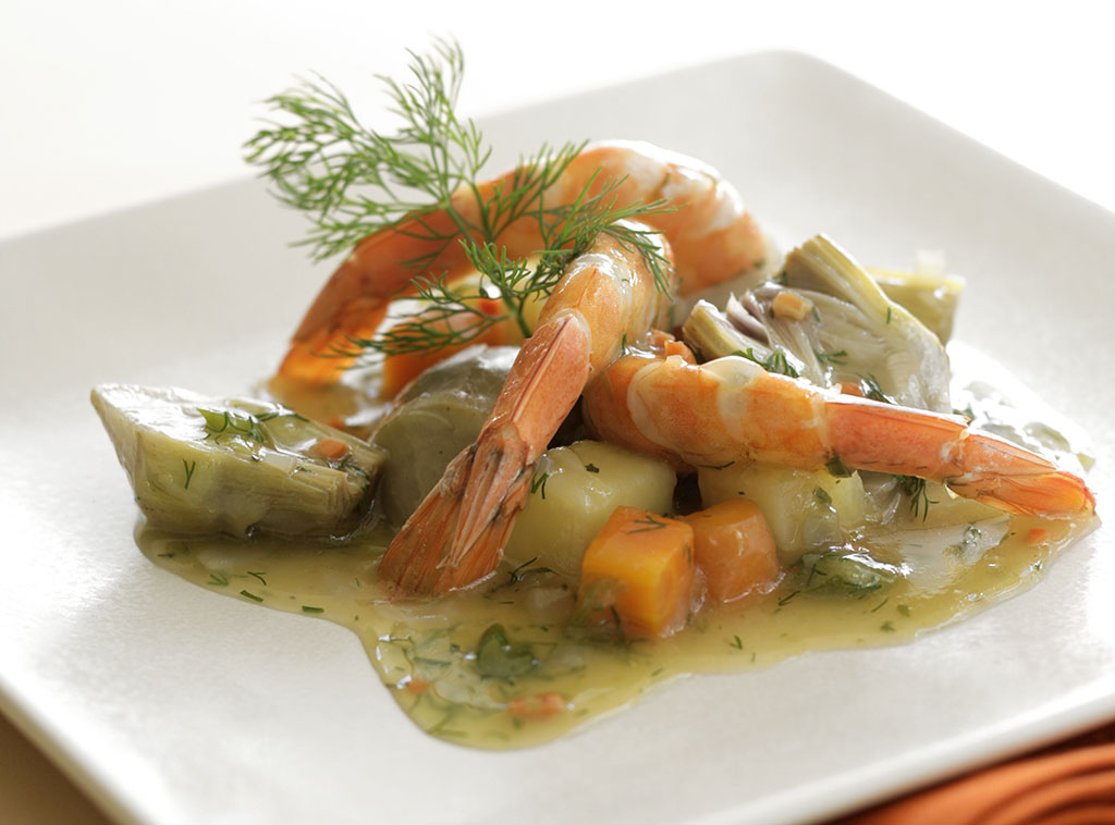 Braised artichokes, carrots, potatoes and shrimp