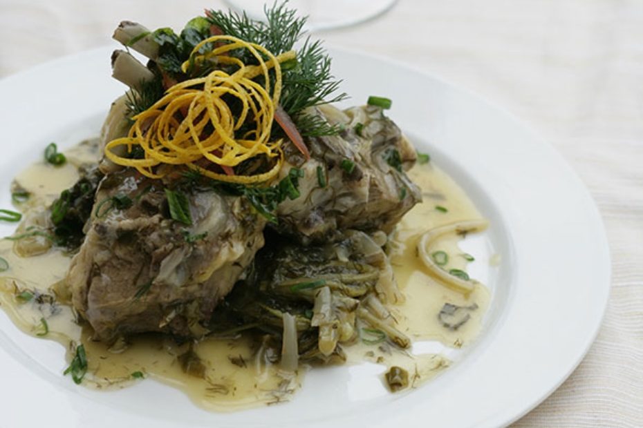 Lamb or goat braised with wild greens and served with egg-lemon avgolemono sauce