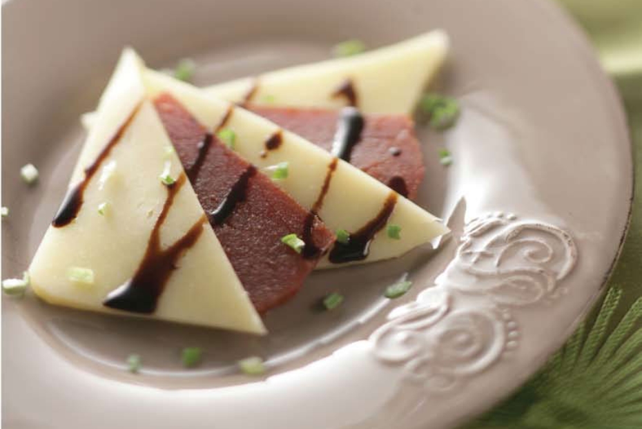 Quince paste layered with Kasseri or Kefalotyri cheese and drizzled with balsamic or petimezi.