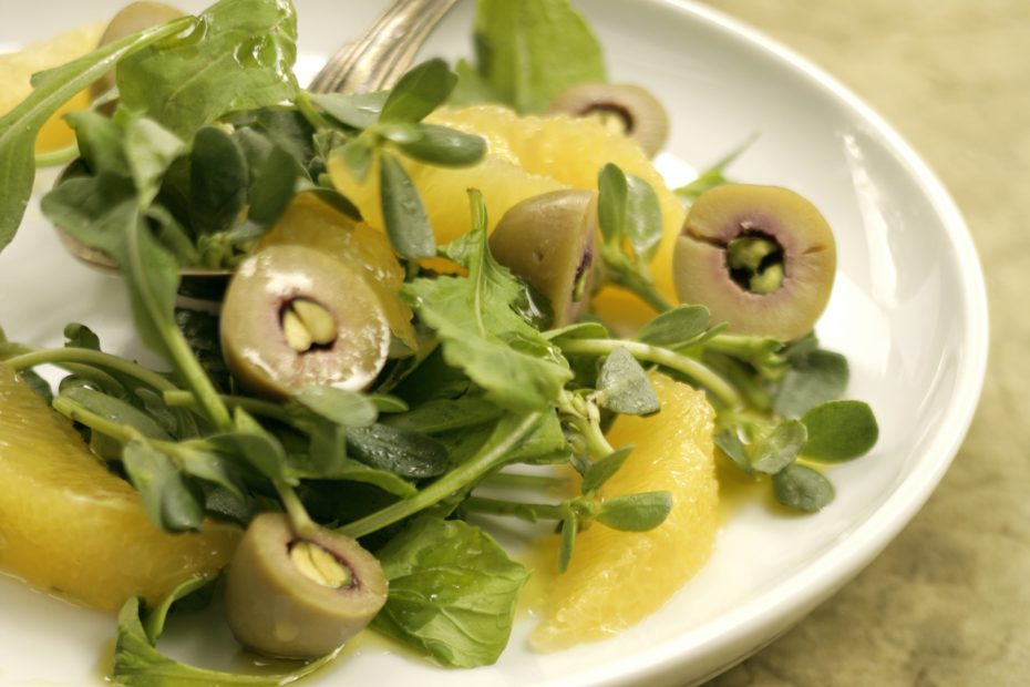 Arugula, Pursalen, Potato Salad with Greek Olives