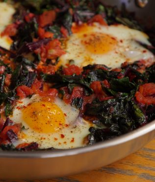 Eggs in a Hole, Cooked in Greens