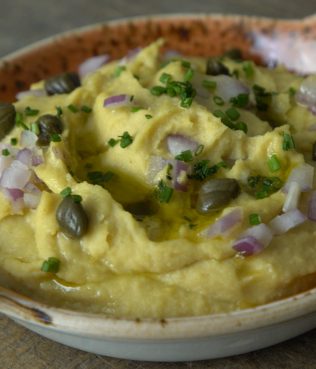 Fava garnished with Capers and Onions