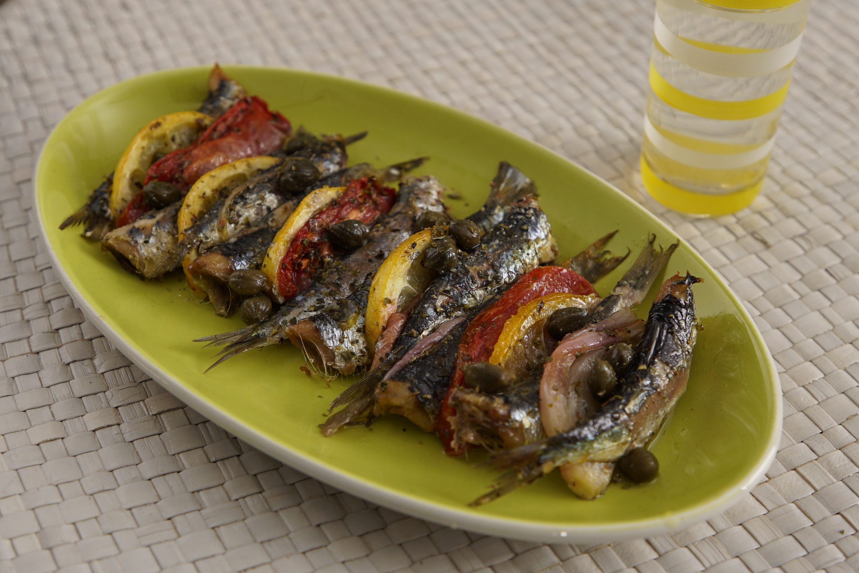 Baked Sardines with Ouzo, Tomatoes, Capers, and Lemon Greek Food