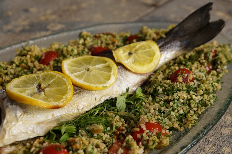 Bulgur Pilaf with Roasted Sea Bass