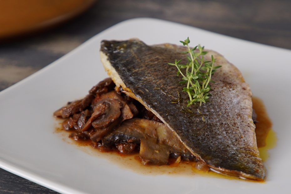 Sea Bass with Mushrooms and Red Wine